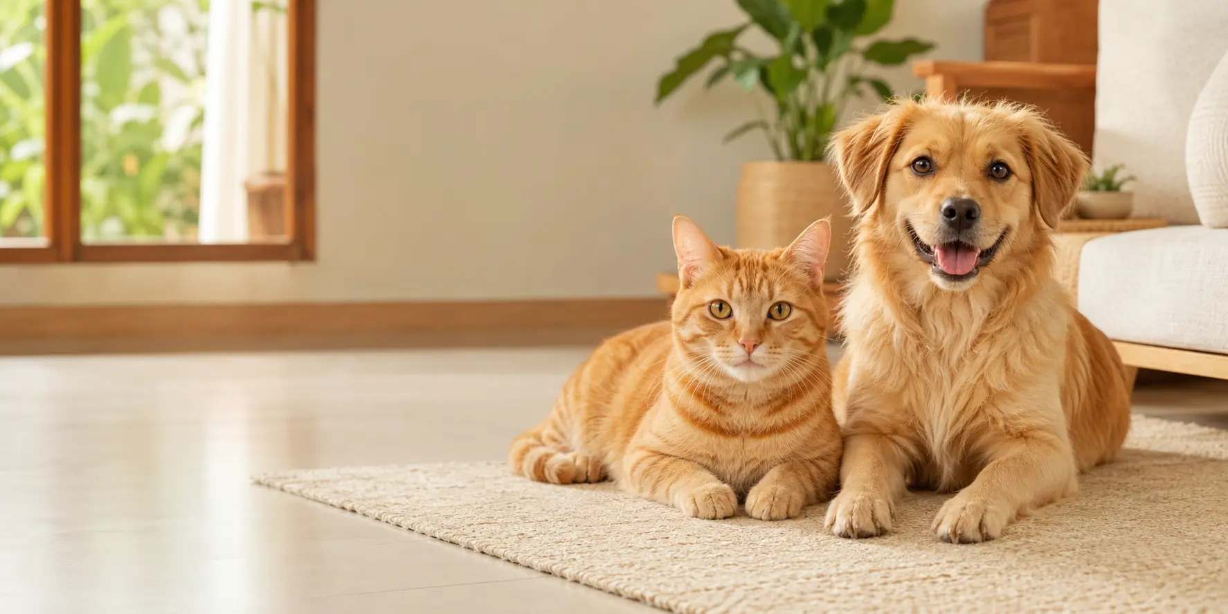 Kucing oranye dan anjing bersantai bersama di rumah yang terang